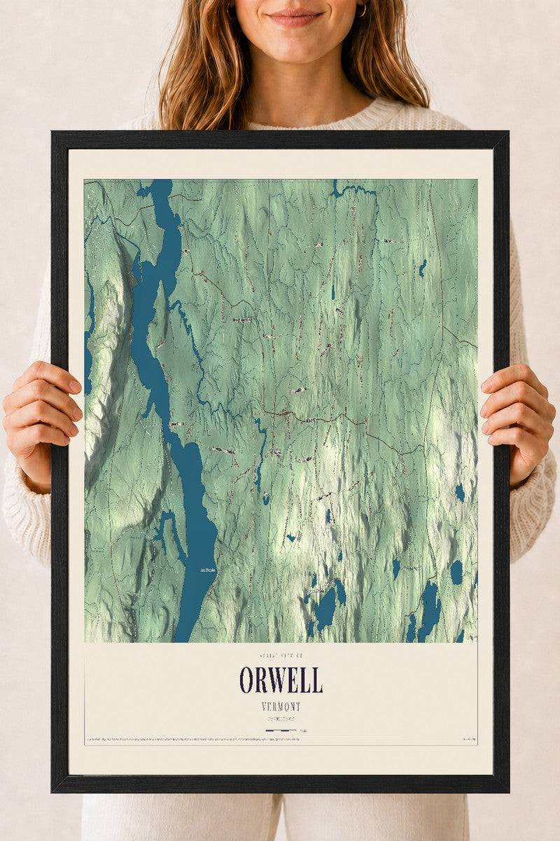Orwell, Vermont map print - 18 x 24 black Ayous wood frame
