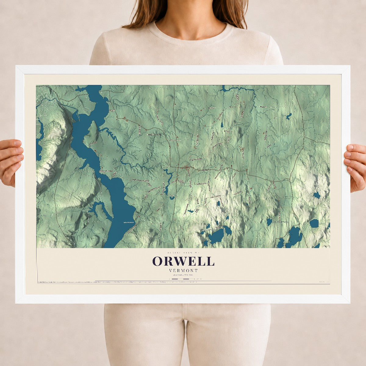 Map of Orwell, Vermont, 18 x 24 inch print in a white wood frame