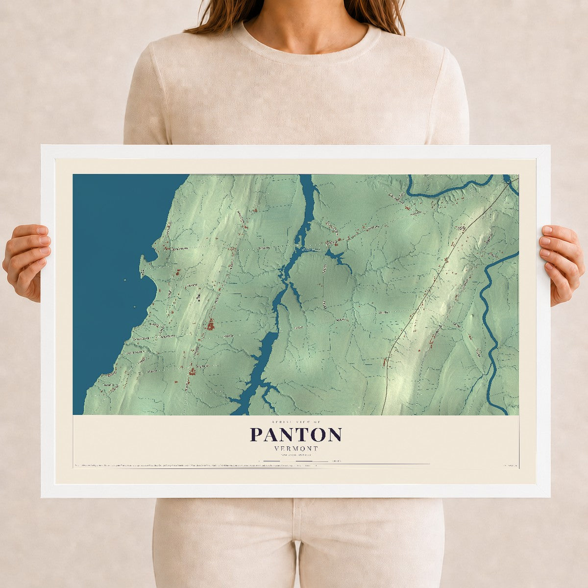 Map of Panton, Vermont, 12 x 18 inch print in a white wood frame