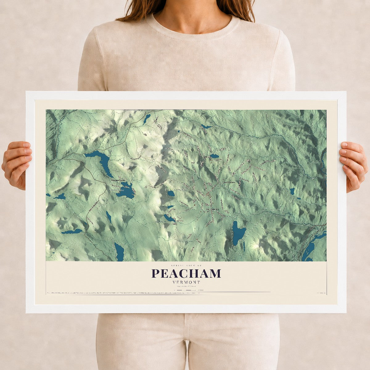 Map of Peacham, Vermont, 12 x 18 inch print in a white wood frame