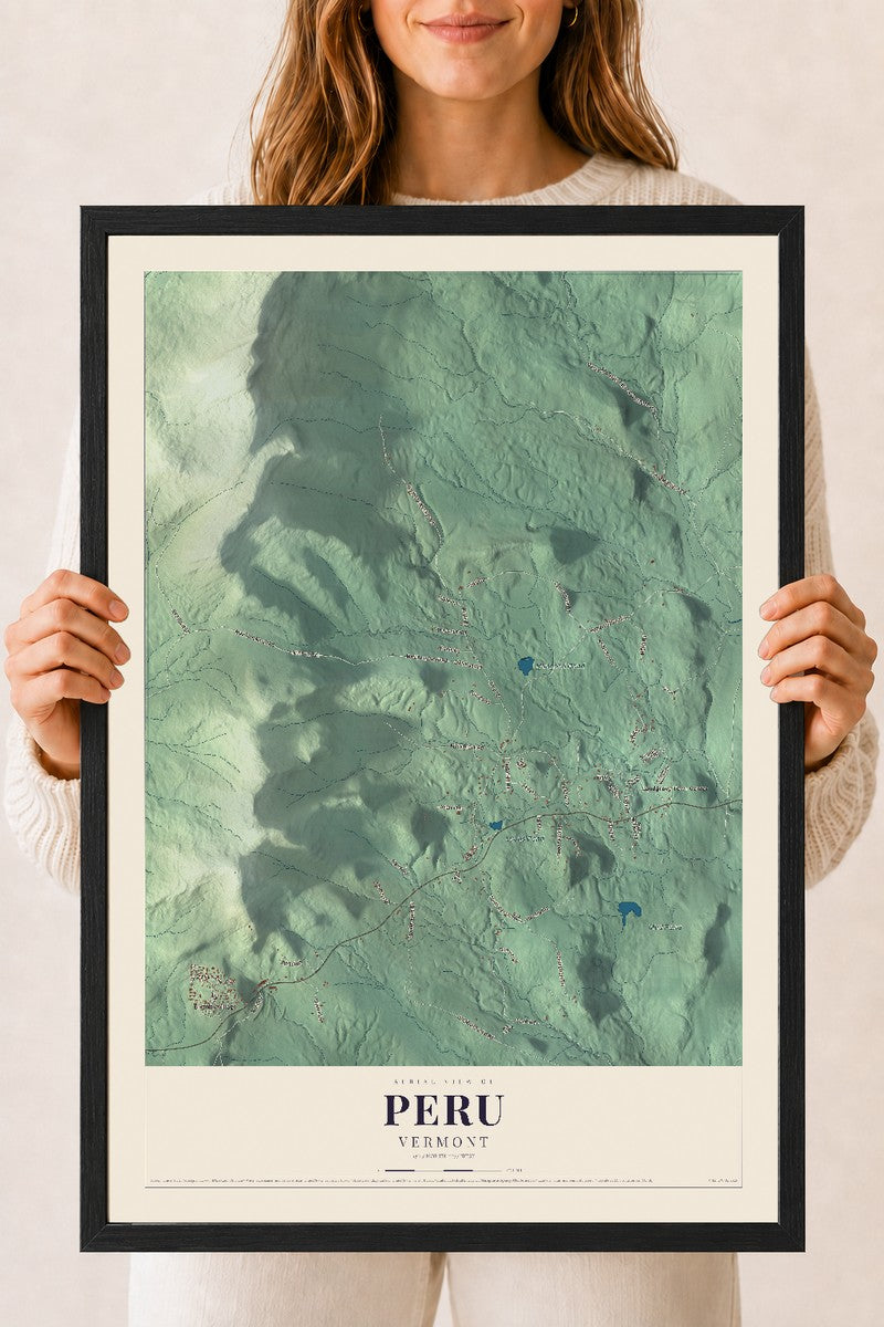 Peru, Vermont map print - 18 x 24 black Ayous wood frame