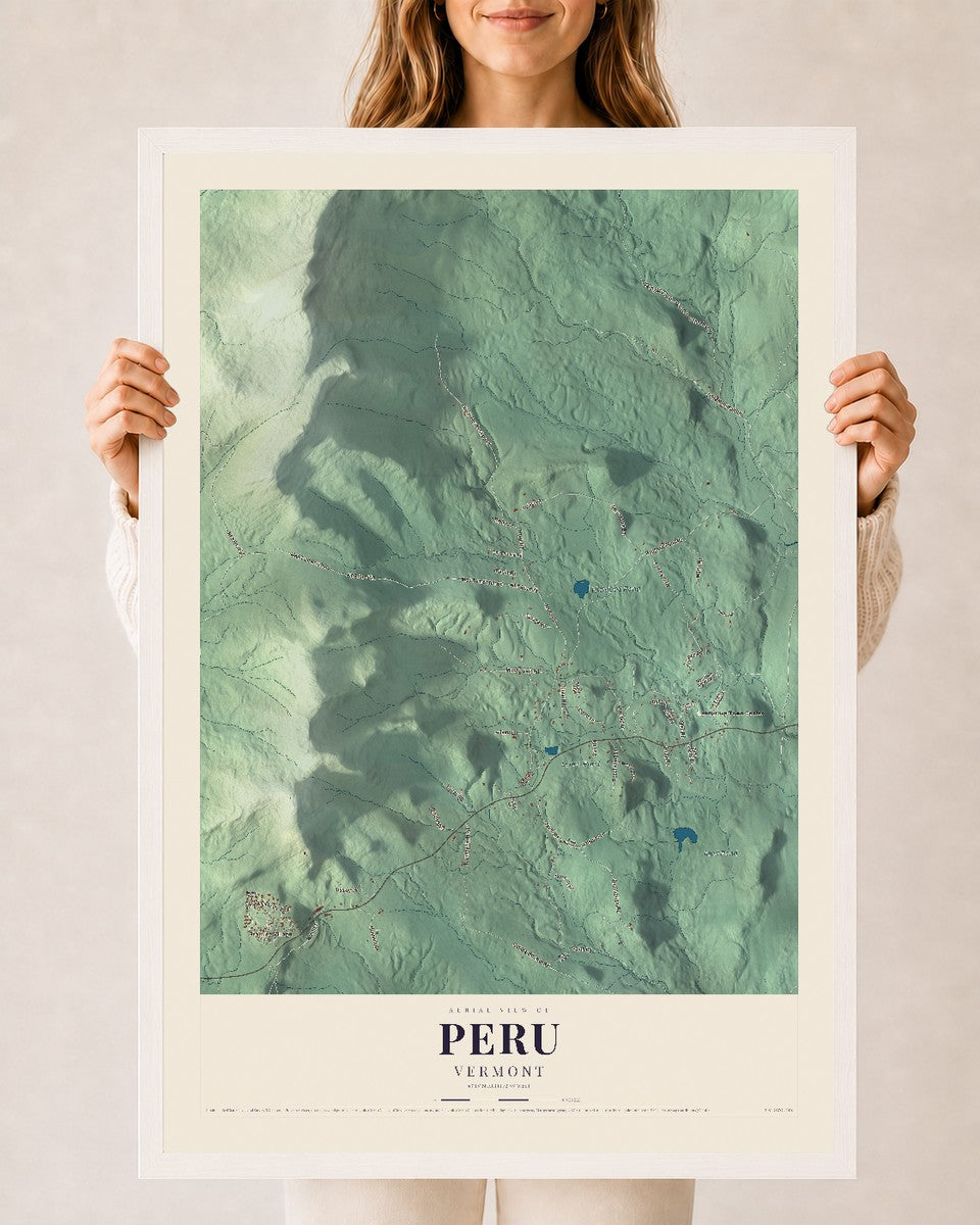 Peru, Vermont map print - 24 x 36 white Ayous wood frame