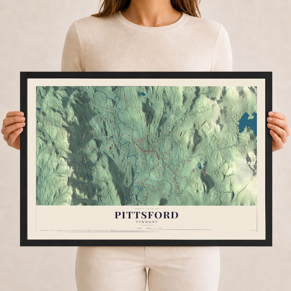 Map of Pittsford, Vermont, 12 x 18 inch print in a black wood frame