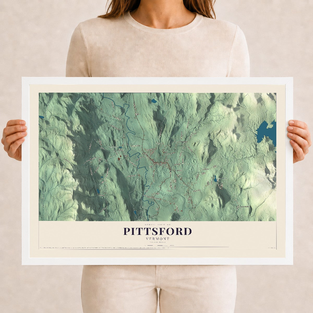 Map of Pittsford, Vermont, 12 x 18 inch print in a white wood frame
