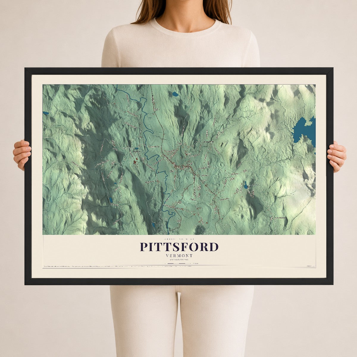 Map of Pittsford, Vermont, 24 x 36 inch print in a black wood frame