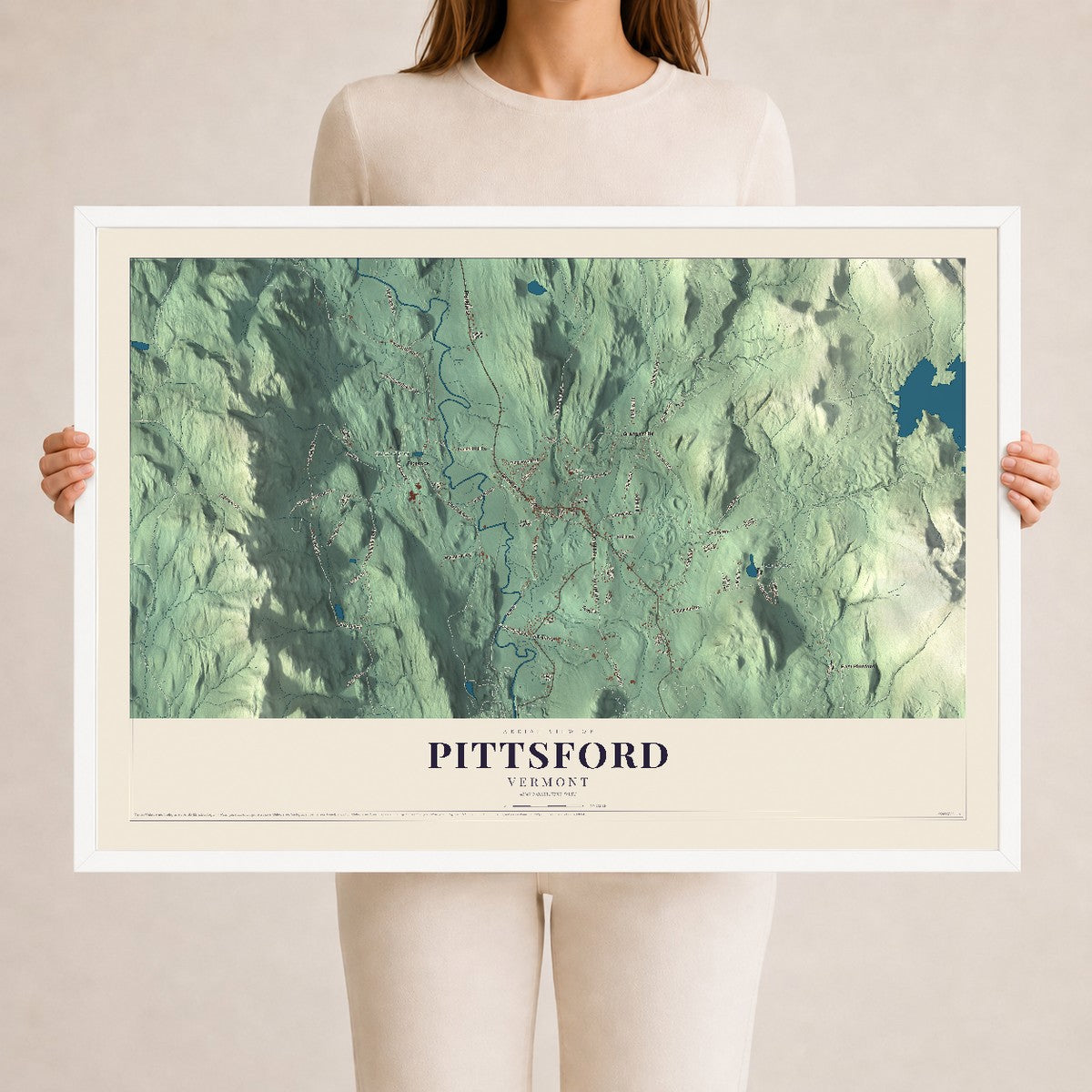 Map of Pittsford, Vermont, 24 x 36 inch print in a white wood frame