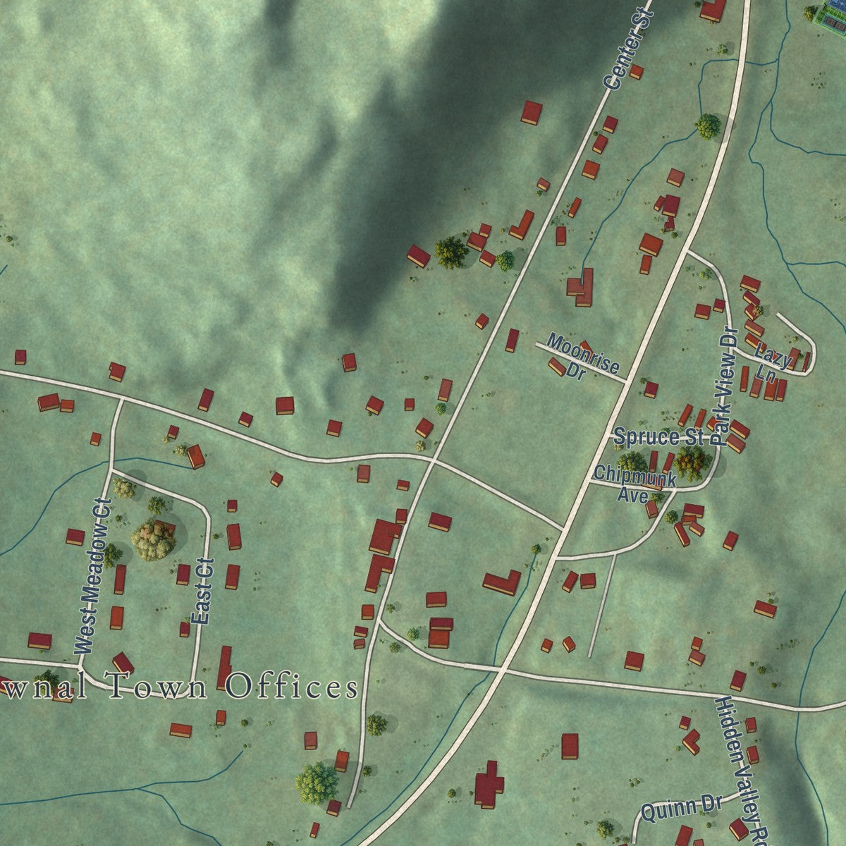 Close-up of the map of Pownal Center, Vermont print showing street and building detail
