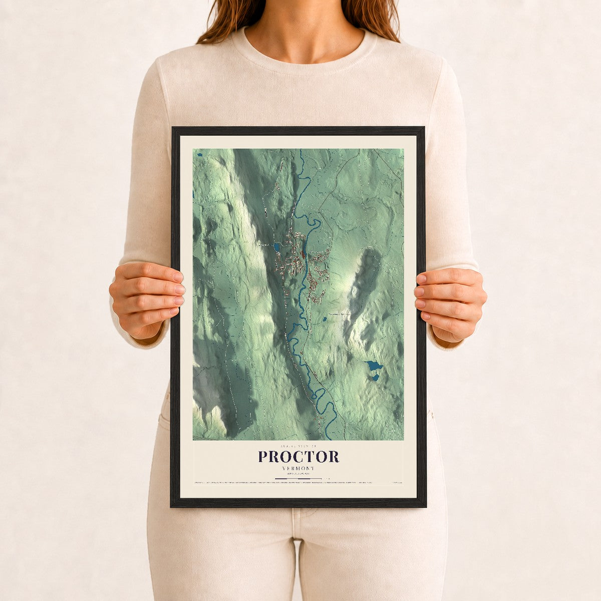 Proctor, Vermont map print - 12 x 18 black Ayous wood frame