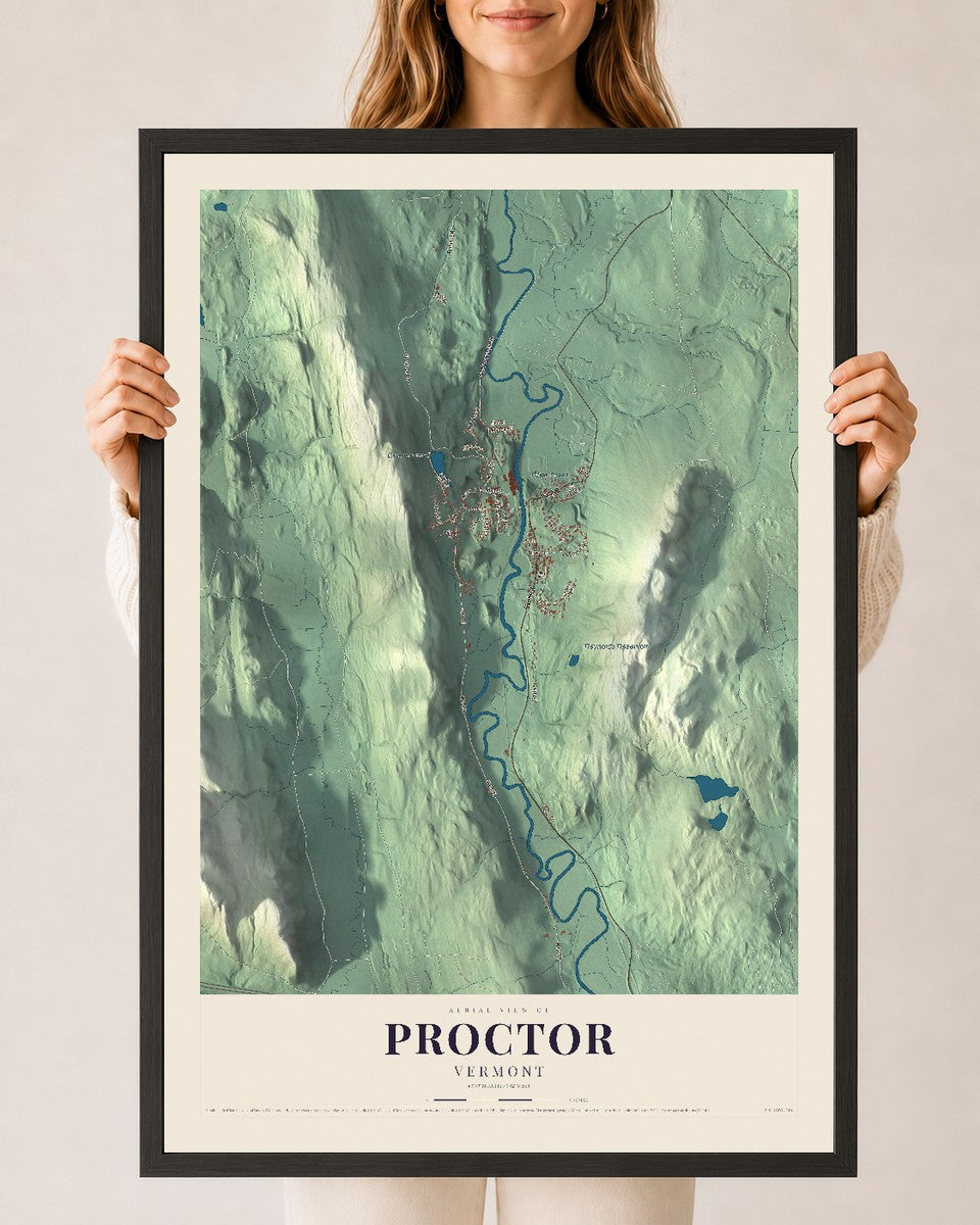 Proctor, Vermont map print - 24 x 36 black Ayous wood frame