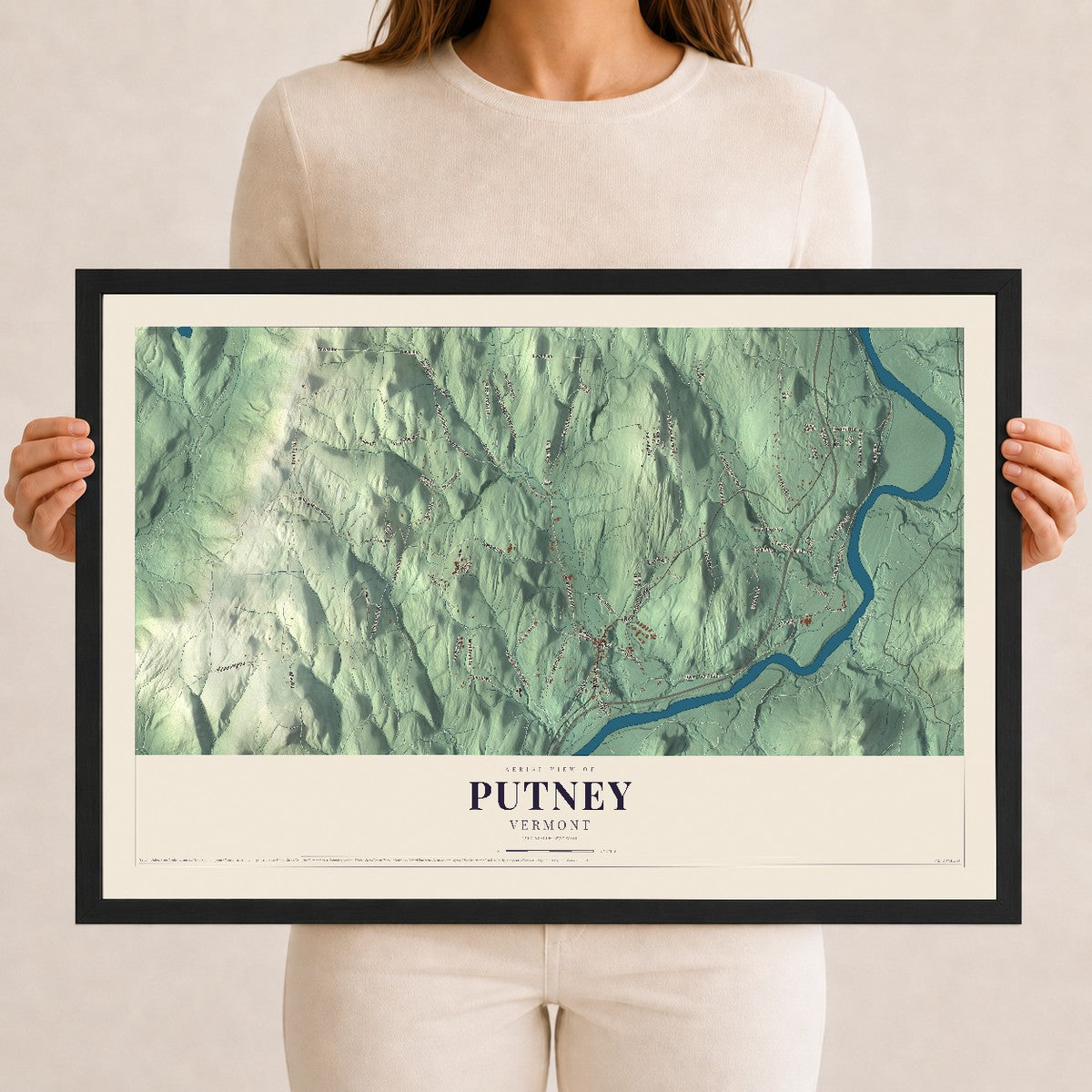 Map of Putney, Vermont, 12 x 18 inch print in a black wood frame