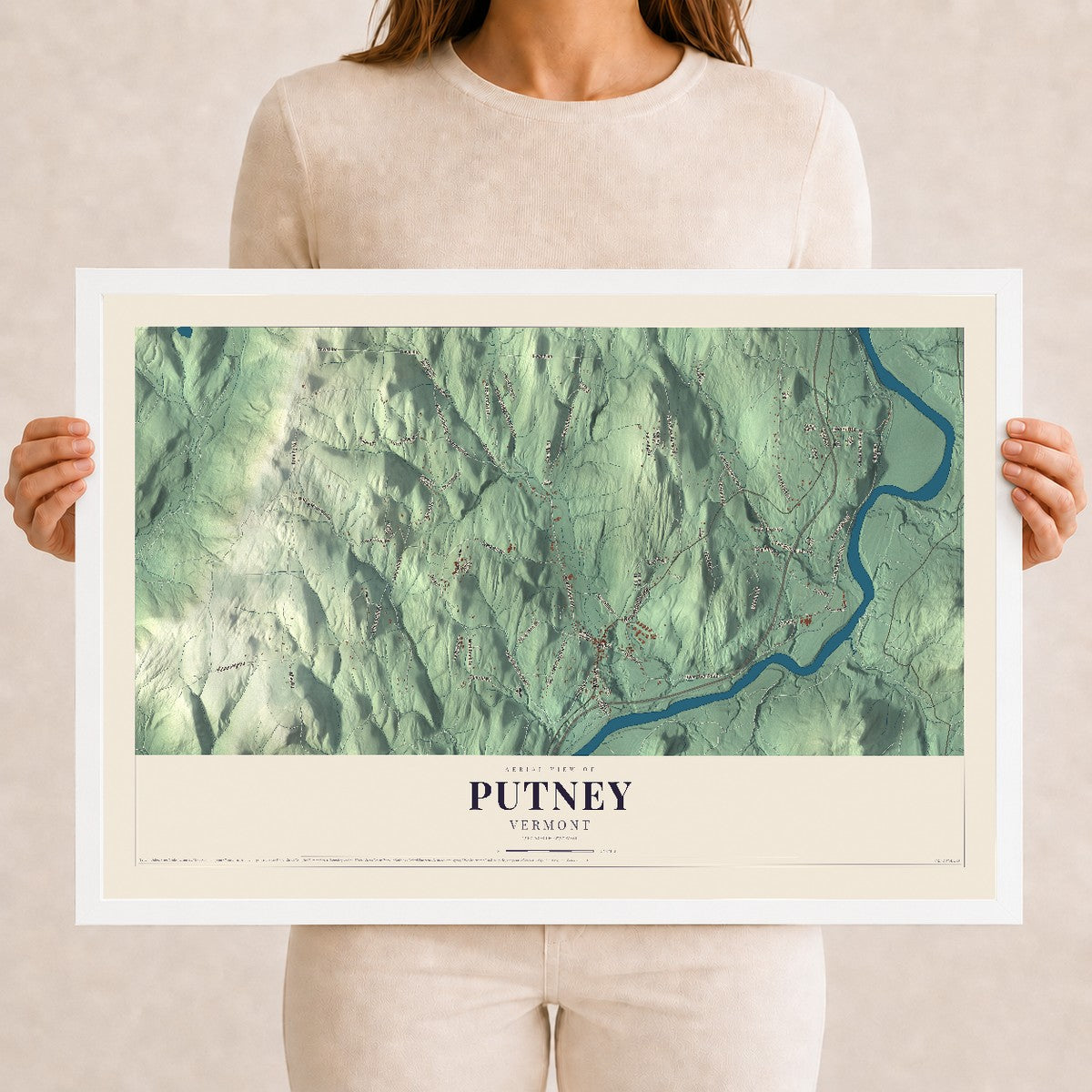 Map of Putney, Vermont, 12 x 18 inch print in a white wood frame