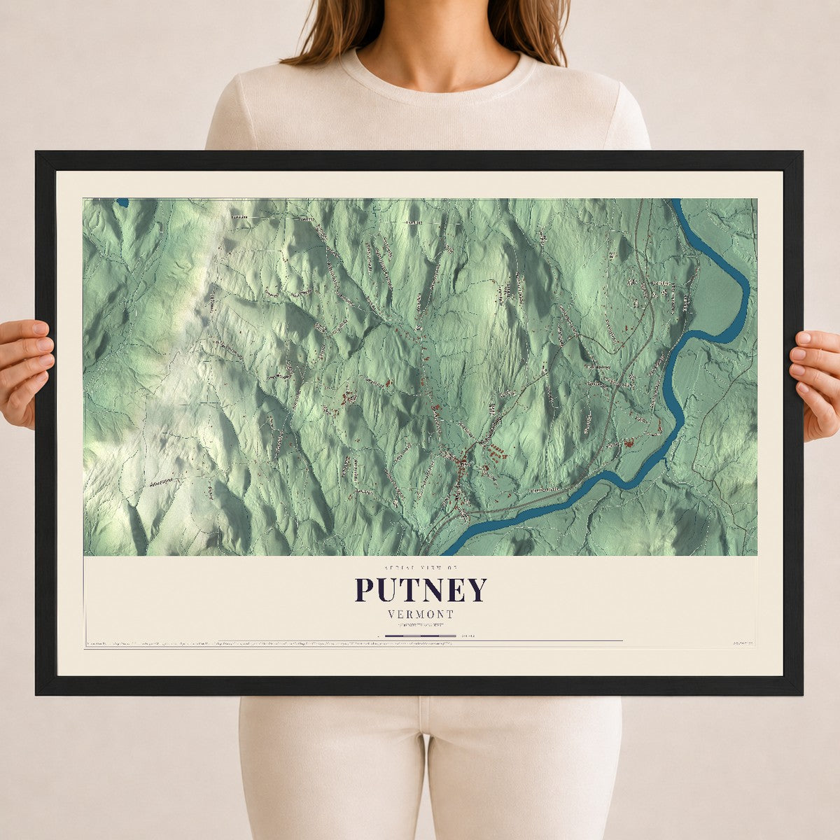 Map of Putney, Vermont, 18 x 24 inch print in a black wood frame