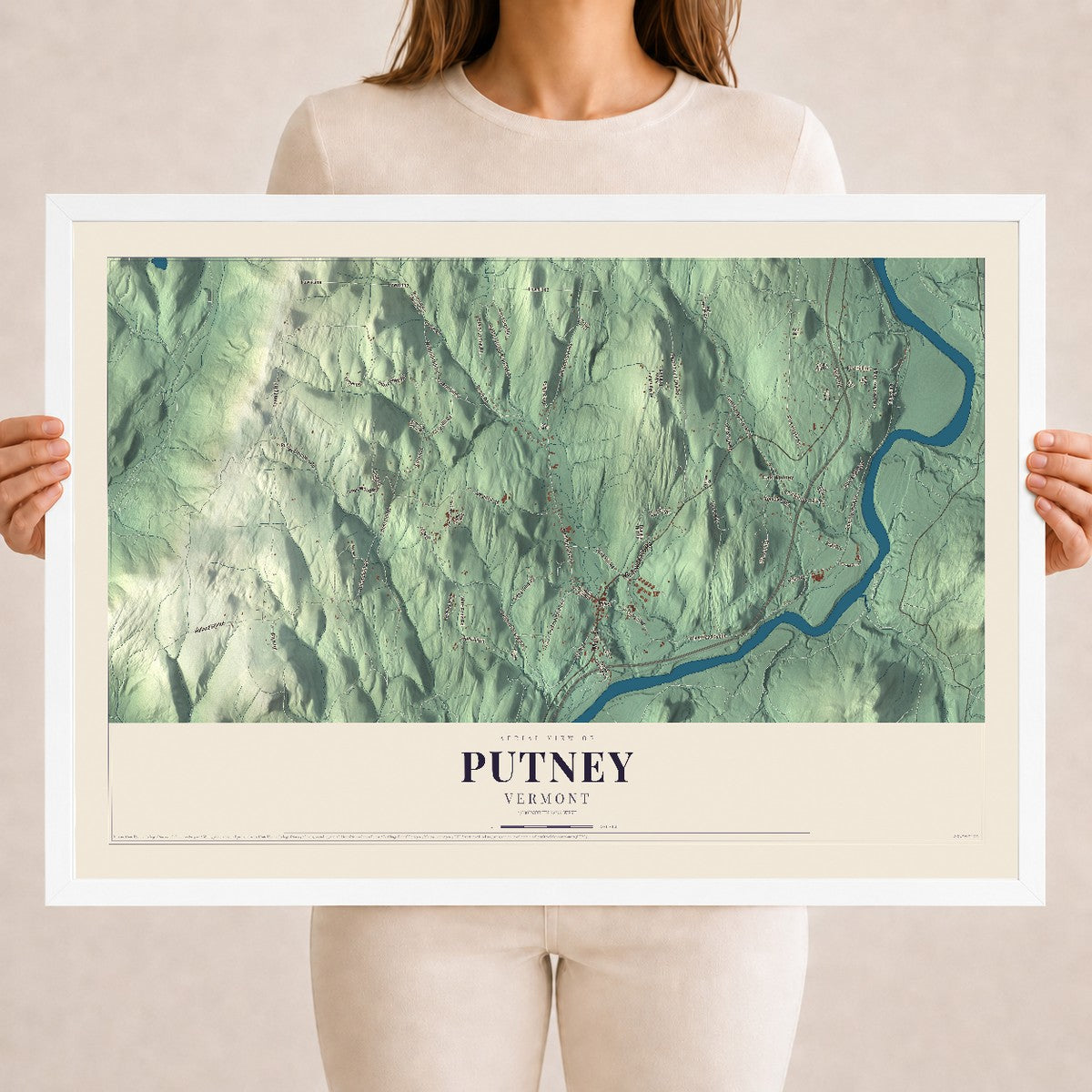 Map of Putney, Vermont, 18 x 24 inch print in a white wood frame
