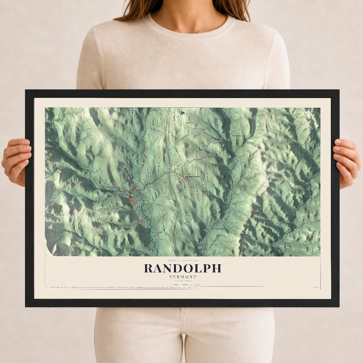 Map of Randolph, Vermont, 12 x 18 inch print in a black wood frame