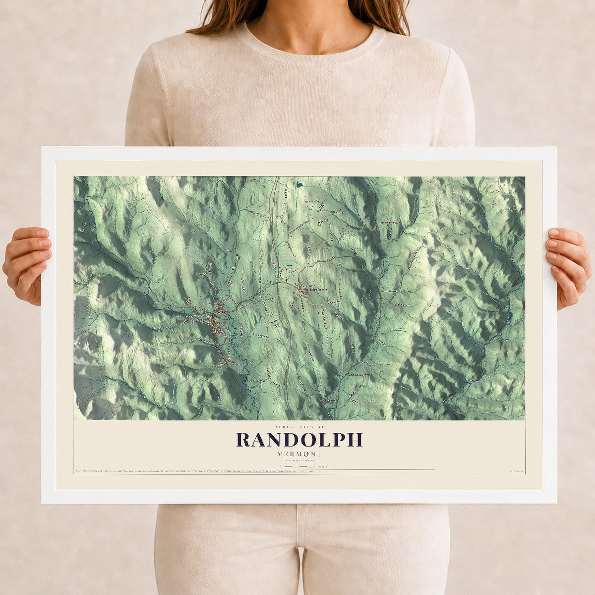 Map of Randolph, Vermont, 12 x 18 inch print in a white wood frame