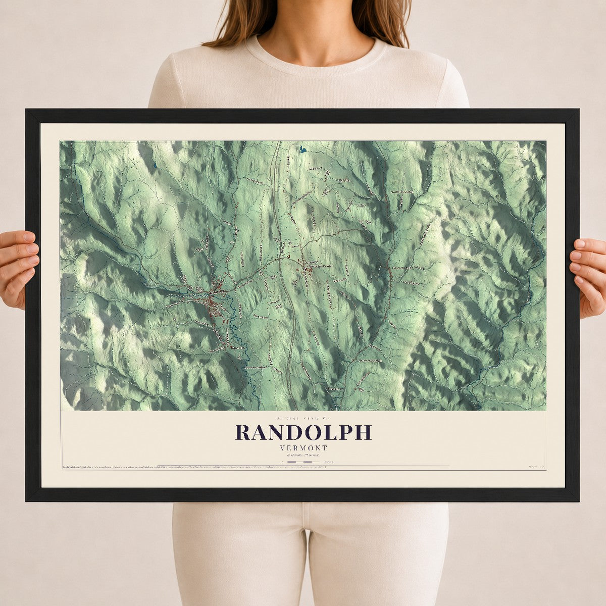 Map of Randolph, Vermont, 18 x 24 inch print in a black wood frame