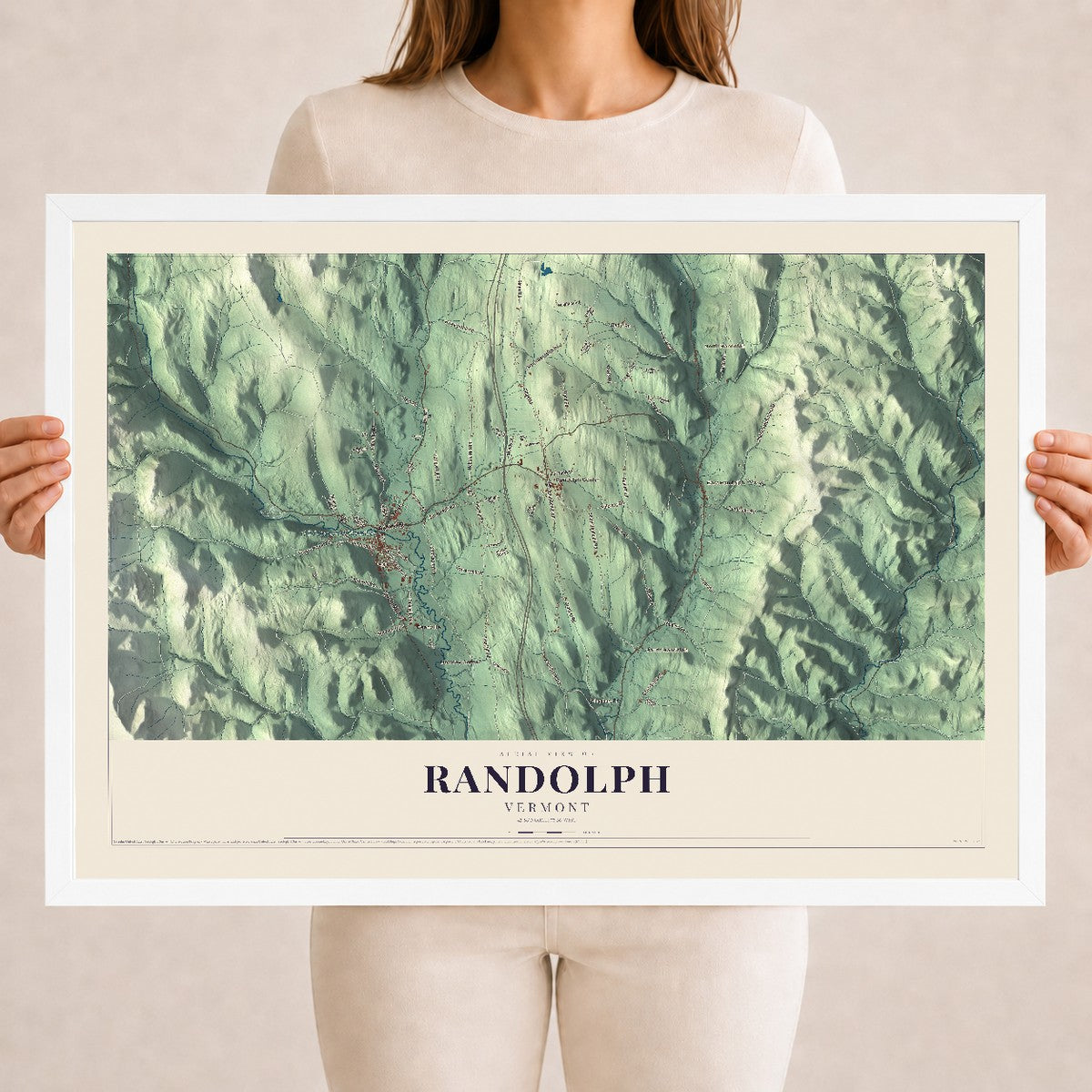 Map of Randolph, Vermont, 18 x 24 inch print in a white wood frame