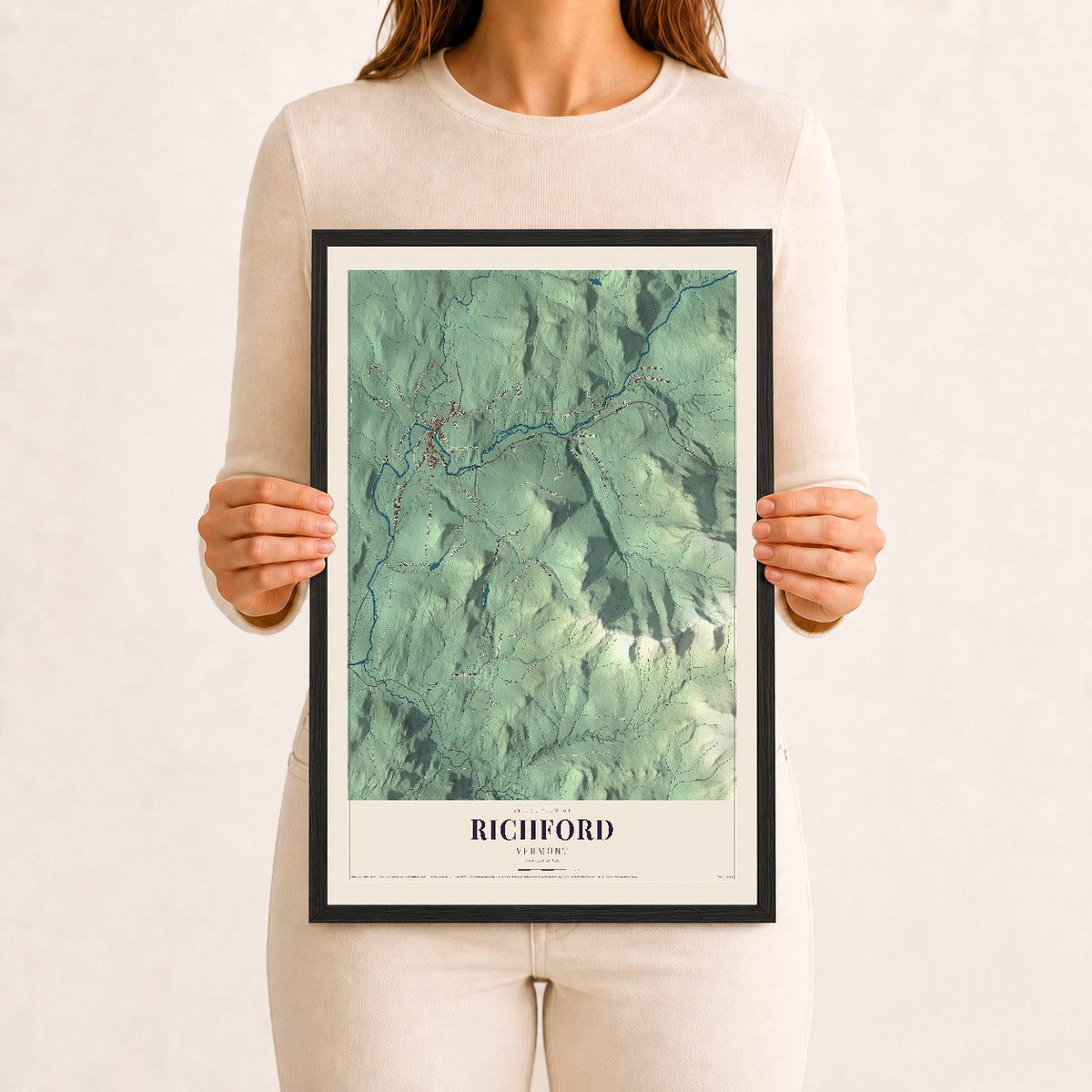 Richford, Vermont map print - 12 x 18 black Ayous wood frame