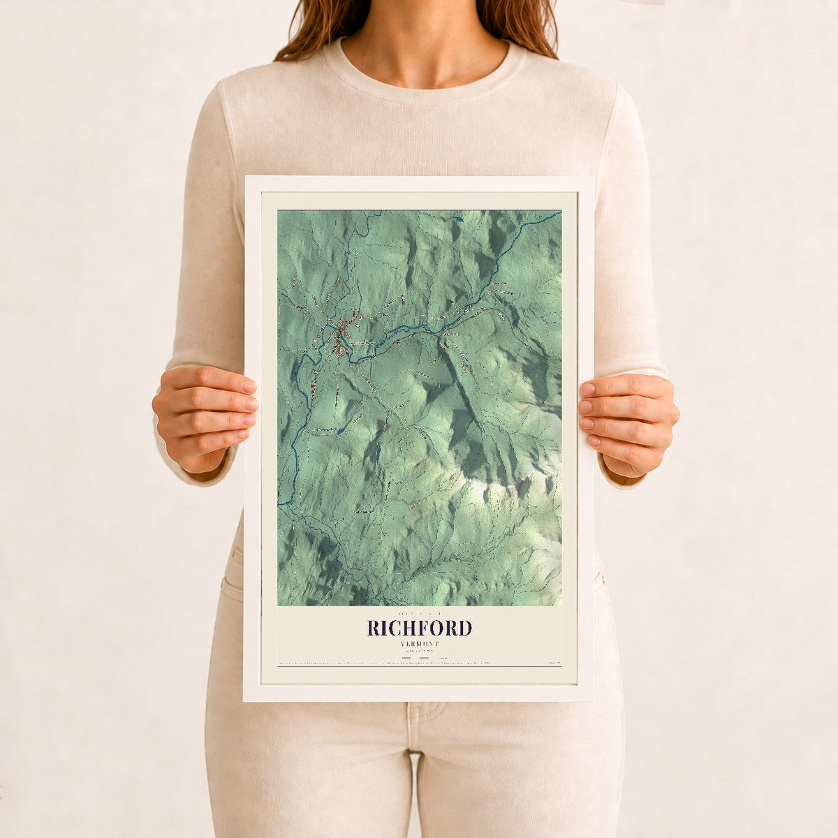 Richford, Vermont map print - 12 x 18 white Ayous wood frame