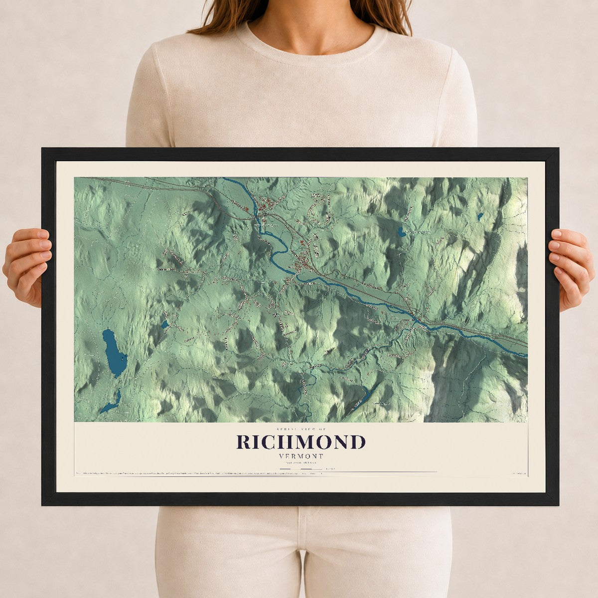 Map of Richmond, Vermont, 12 x 18 inch print in a black wood frame