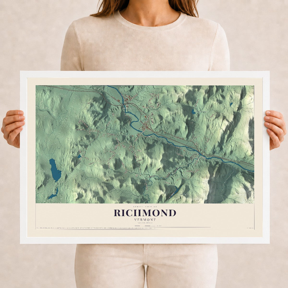 Map of Richmond, Vermont, 12 x 18 inch print in a white wood frame