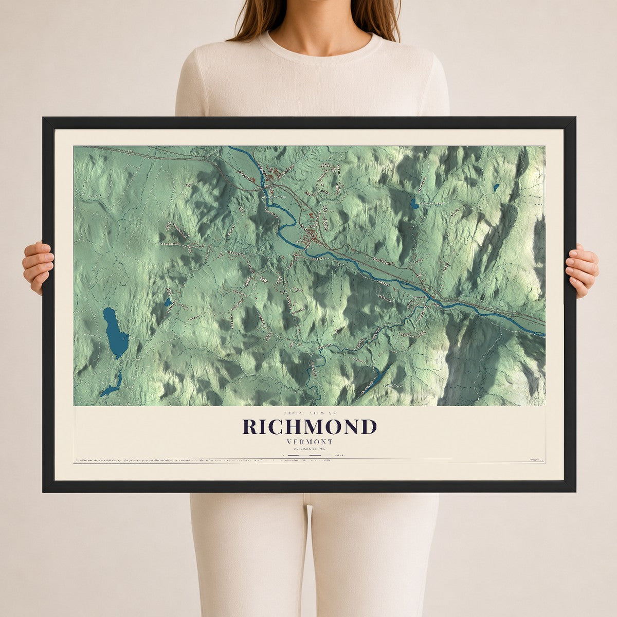 Map of Richmond, Vermont, 24 x 36 inch print in a black wood frame