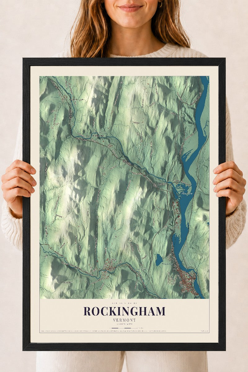 Rockingham, Vermont map print - 18 x 24 black Ayous wood frame