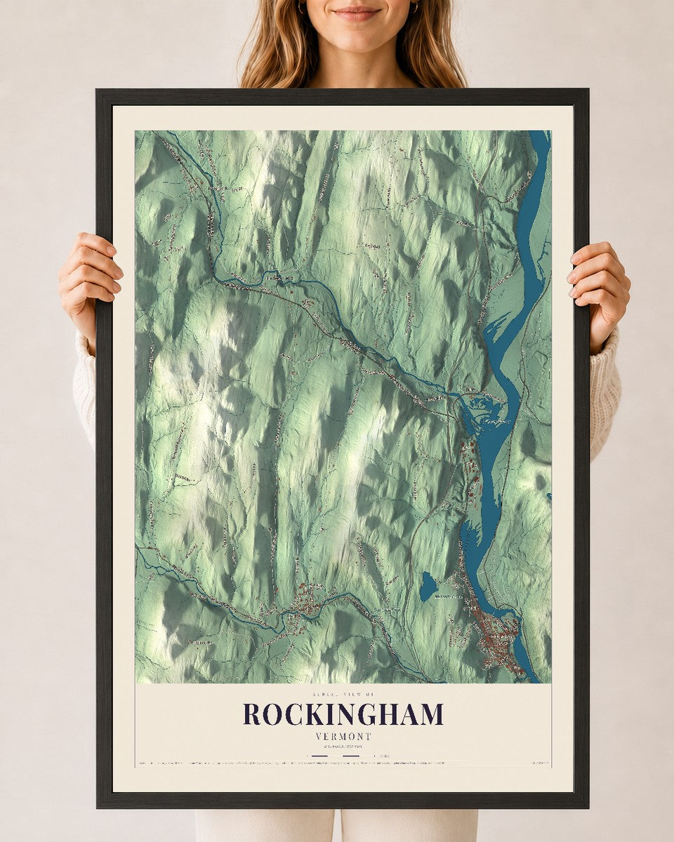 Rockingham, Vermont map print - 24 x 36 black Ayous wood frame