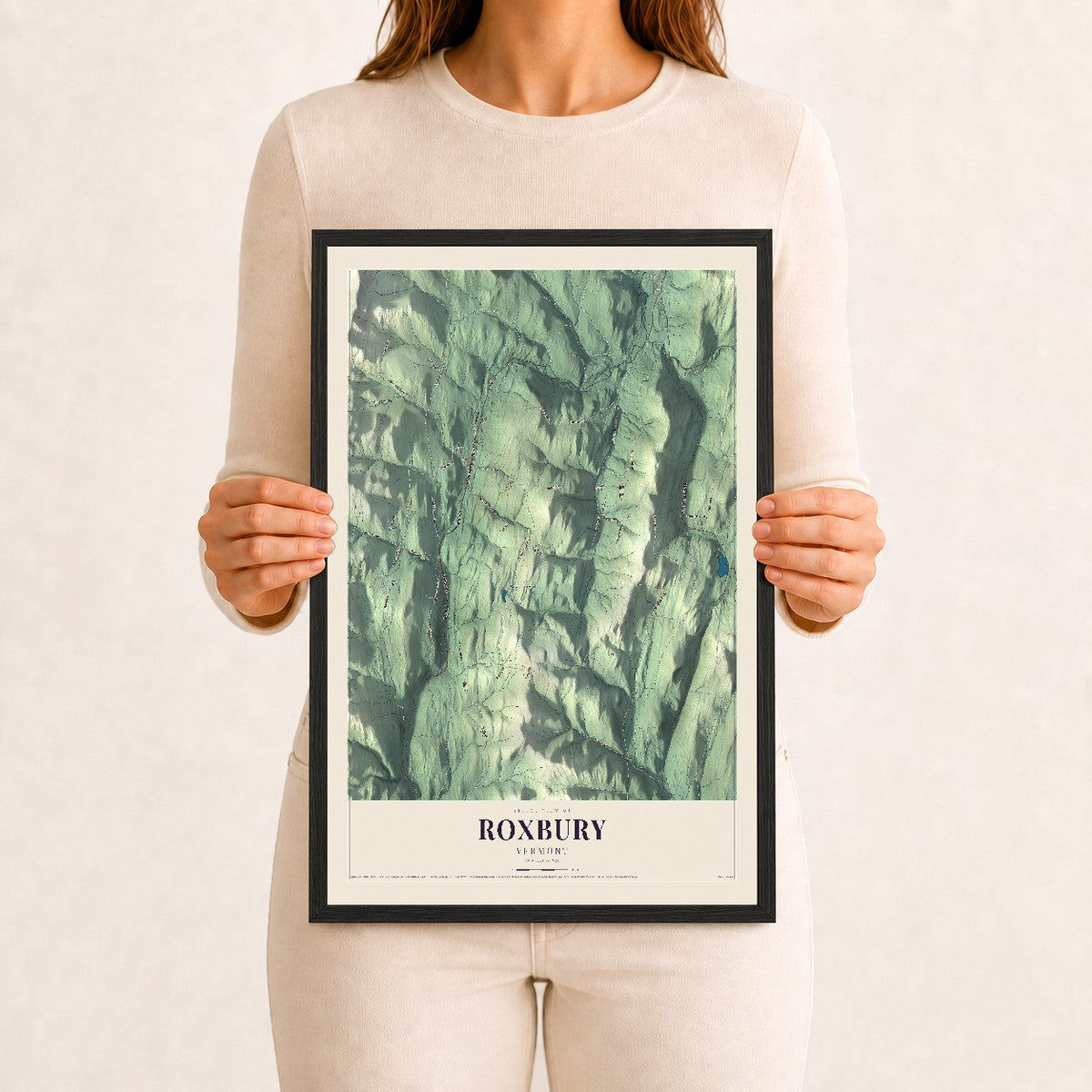 Roxbury, Vermont map print - 12 x 18 black Ayous wood frame