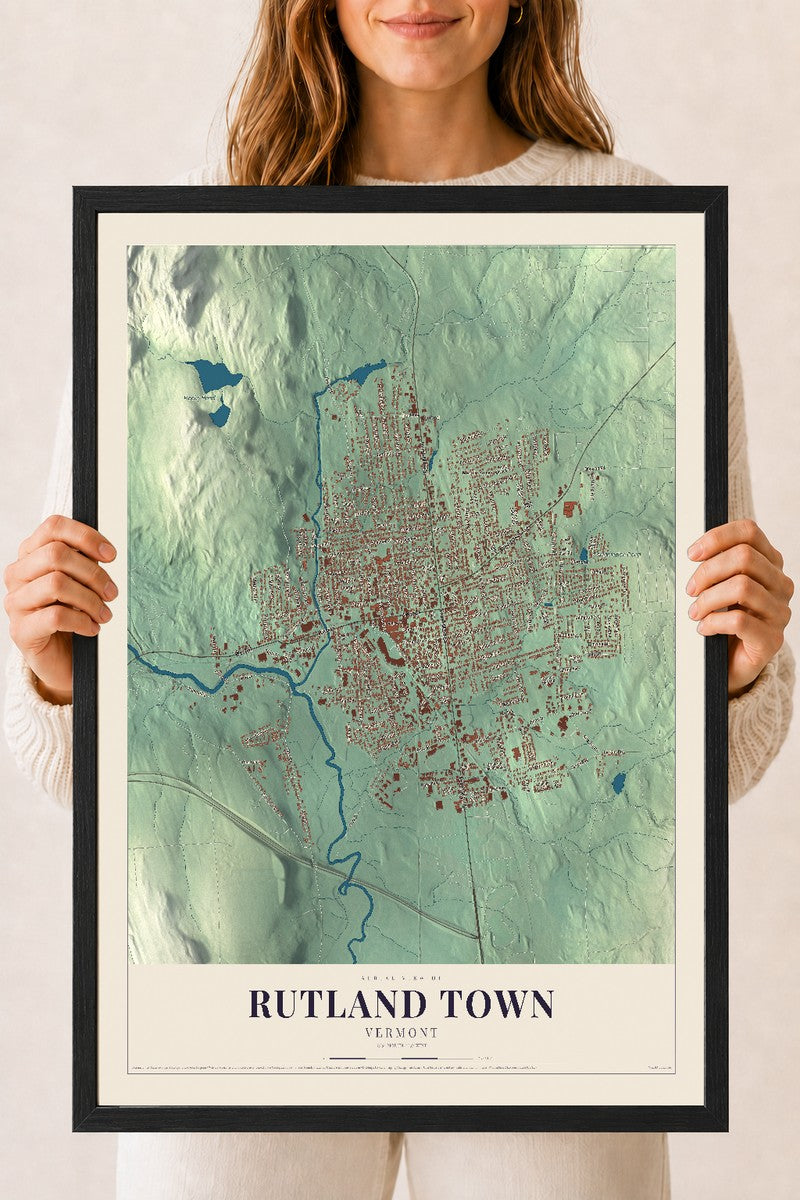 Rutland Town, Vermont map print - 18 x 24 black Ayous wood frame