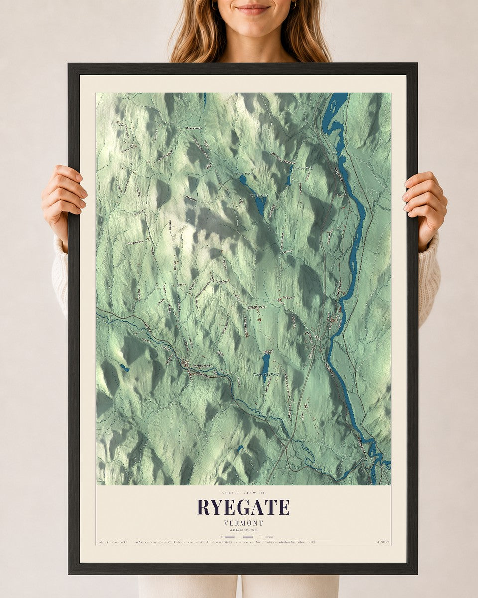 Ryegate, Vermont map print - 24 x 36 black Ayous wood frame