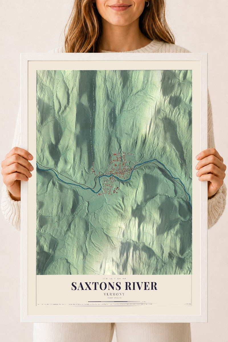 Saxtons River, Vermont map print - 18 x 24 white Ayous wood frame