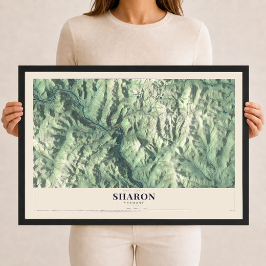 Map of Sharon, Vermont, 12 x 18 inch print in a black wood frame