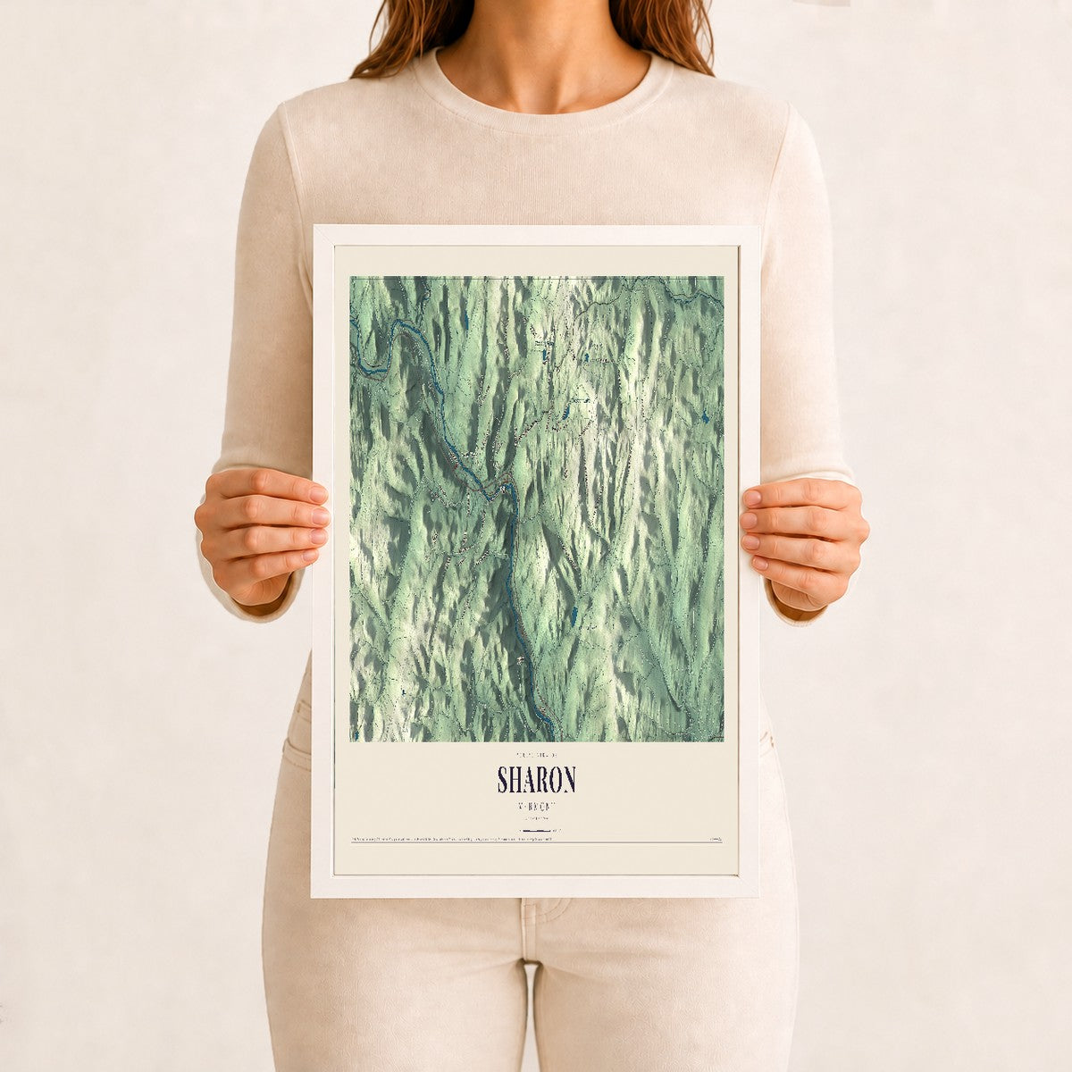 Sharon, Vermont map print - 12 x 18 white Ayous wood frame