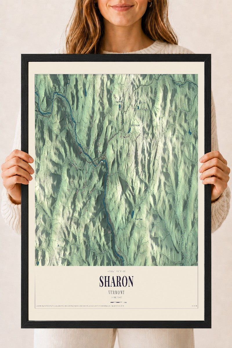 Sharon, Vermont map print - 18 x 24 black Ayous wood frame
