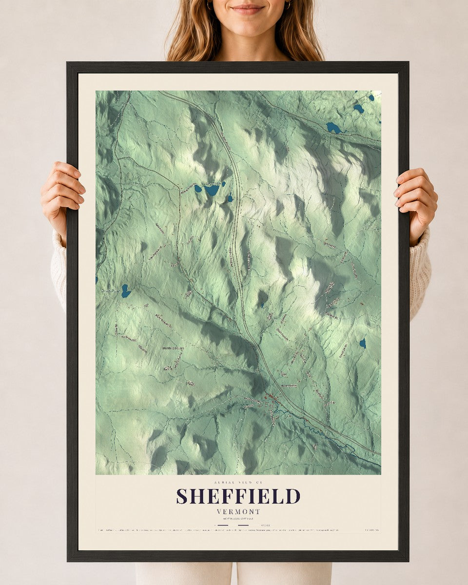 Sheffield, Vermont map print - 24 x 36 black Ayous wood frame