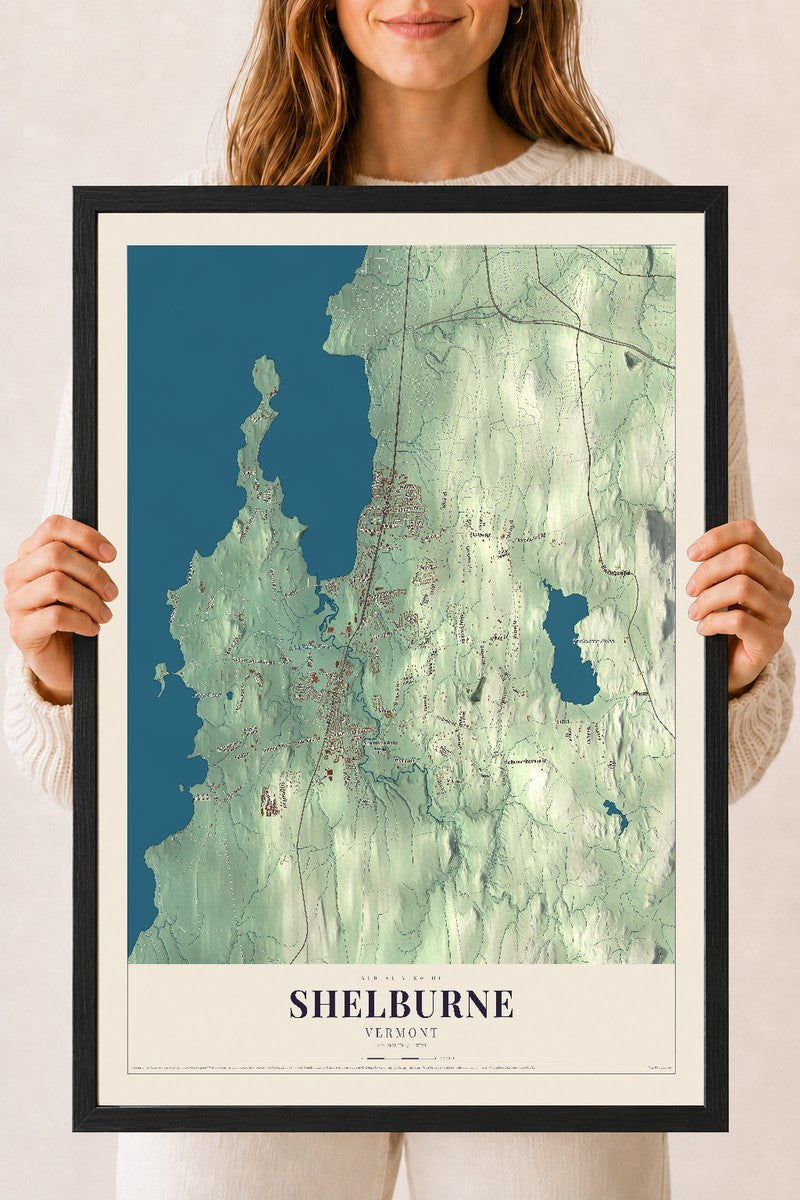 Shelburne, Vermont map print - 18 x 24 black Ayous wood frame