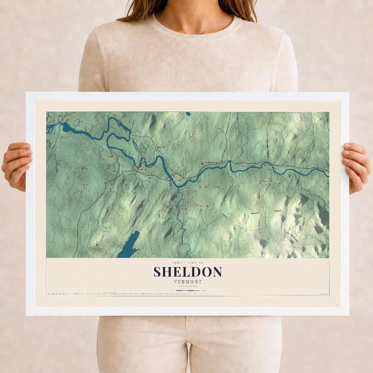 Map of Sheldon, Vermont, 12 x 18 inch print in a white wood frame