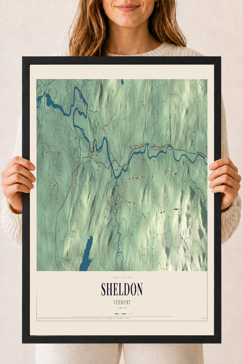 Sheldon, Vermont map print - 18 x 24 black Ayous wood frame