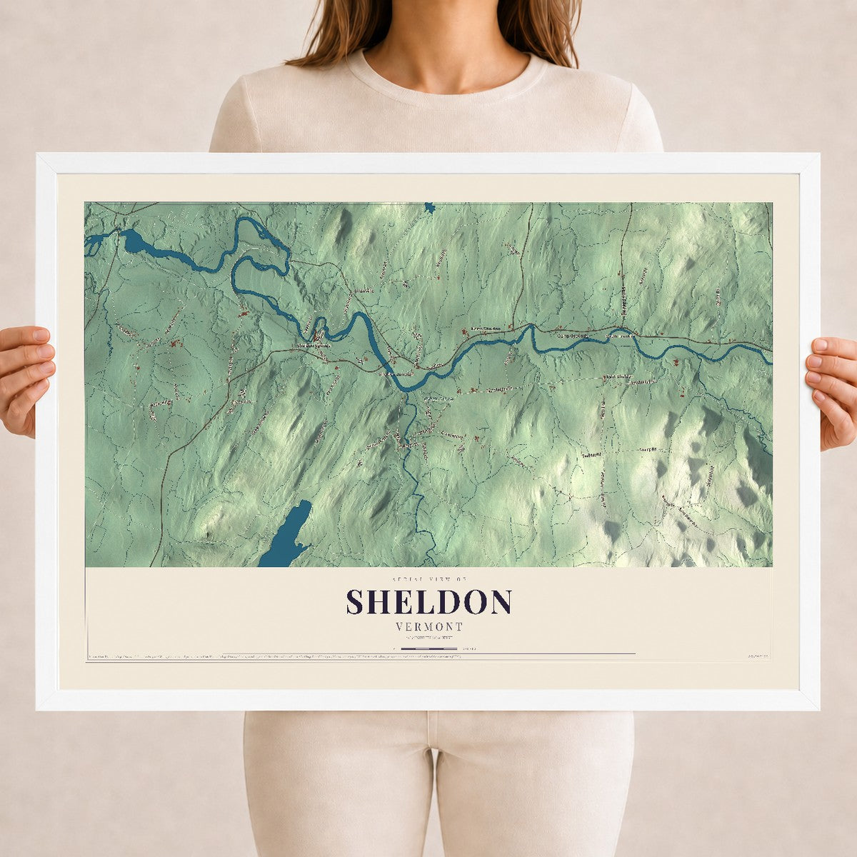 Map of Sheldon, Vermont, 18 x 24 inch print in a white wood frame