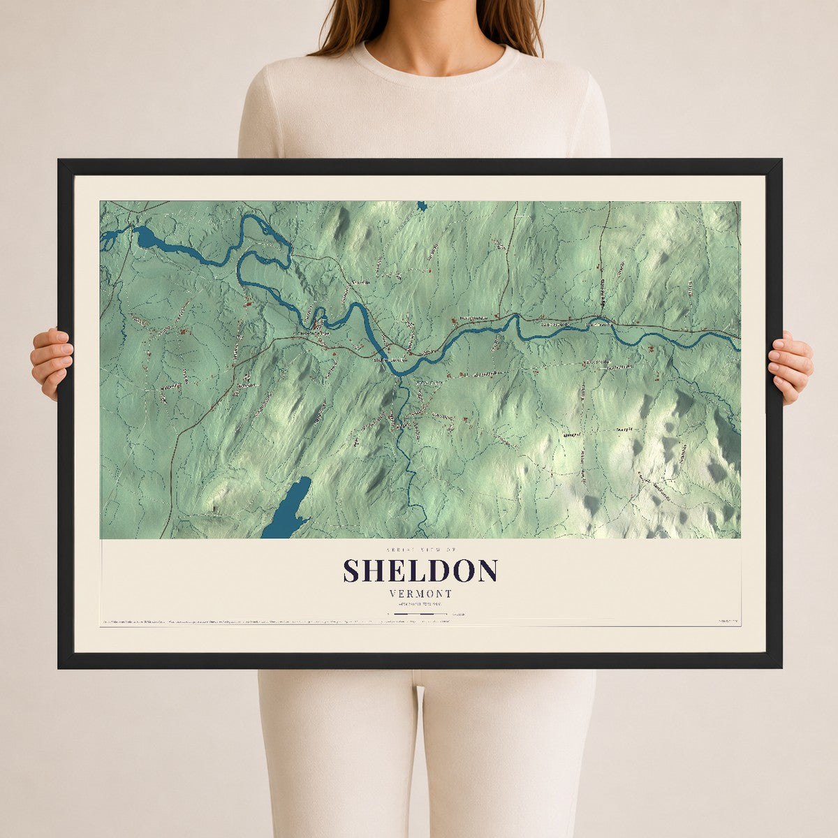 Map of Sheldon, Vermont, 24 x 36 inch print in a black wood frame