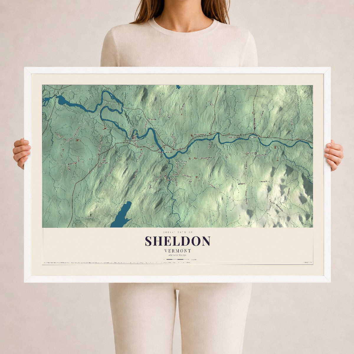 Map of Sheldon, Vermont, 24 x 36 inch print in a white wood frame