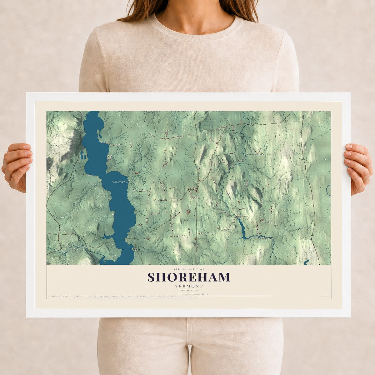 Map of Shoreham, Vermont, 12 x 18 inch print in a white wood frame