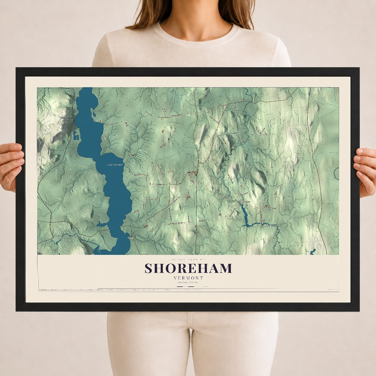 Map of Shoreham, Vermont, 18 x 24 inch print in a black wood frame