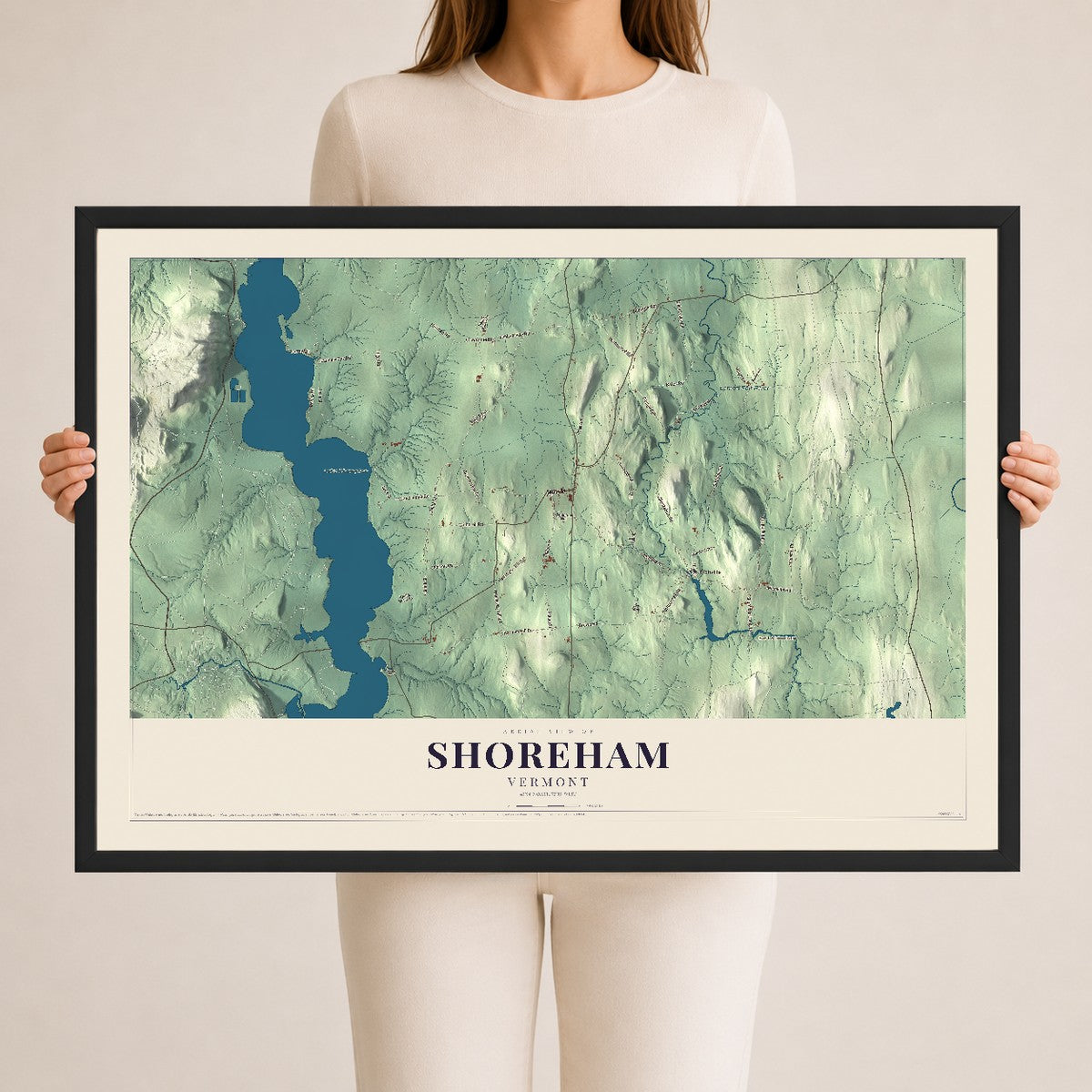 Map of Shoreham, Vermont, 24 x 36 inch print in a black wood frame