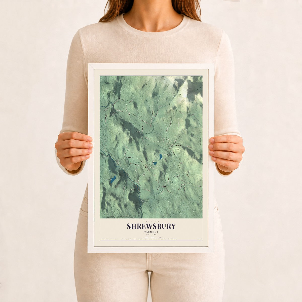 Shrewsbury, Vermont map print - 12 x 18 white Ayous wood frame