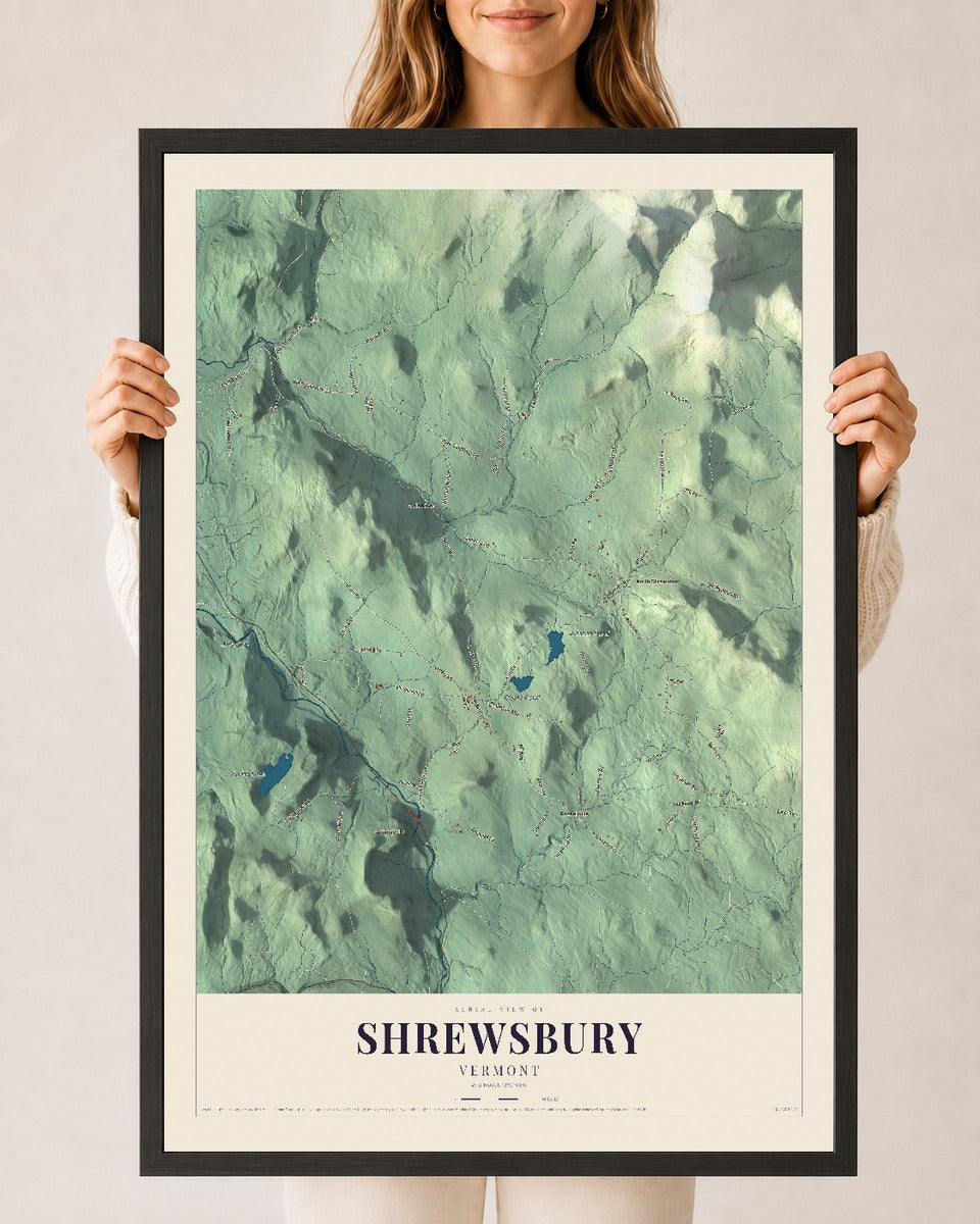 Shrewsbury, Vermont map print - 24 x 36 black Ayous wood frame