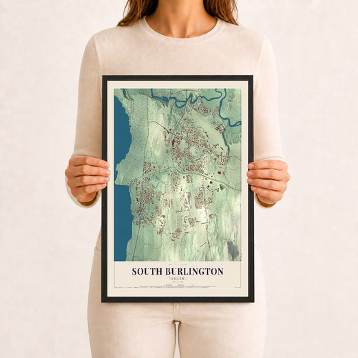 Map of South Burlington, Vermont, 12 x 18 inch print in a black wood frame