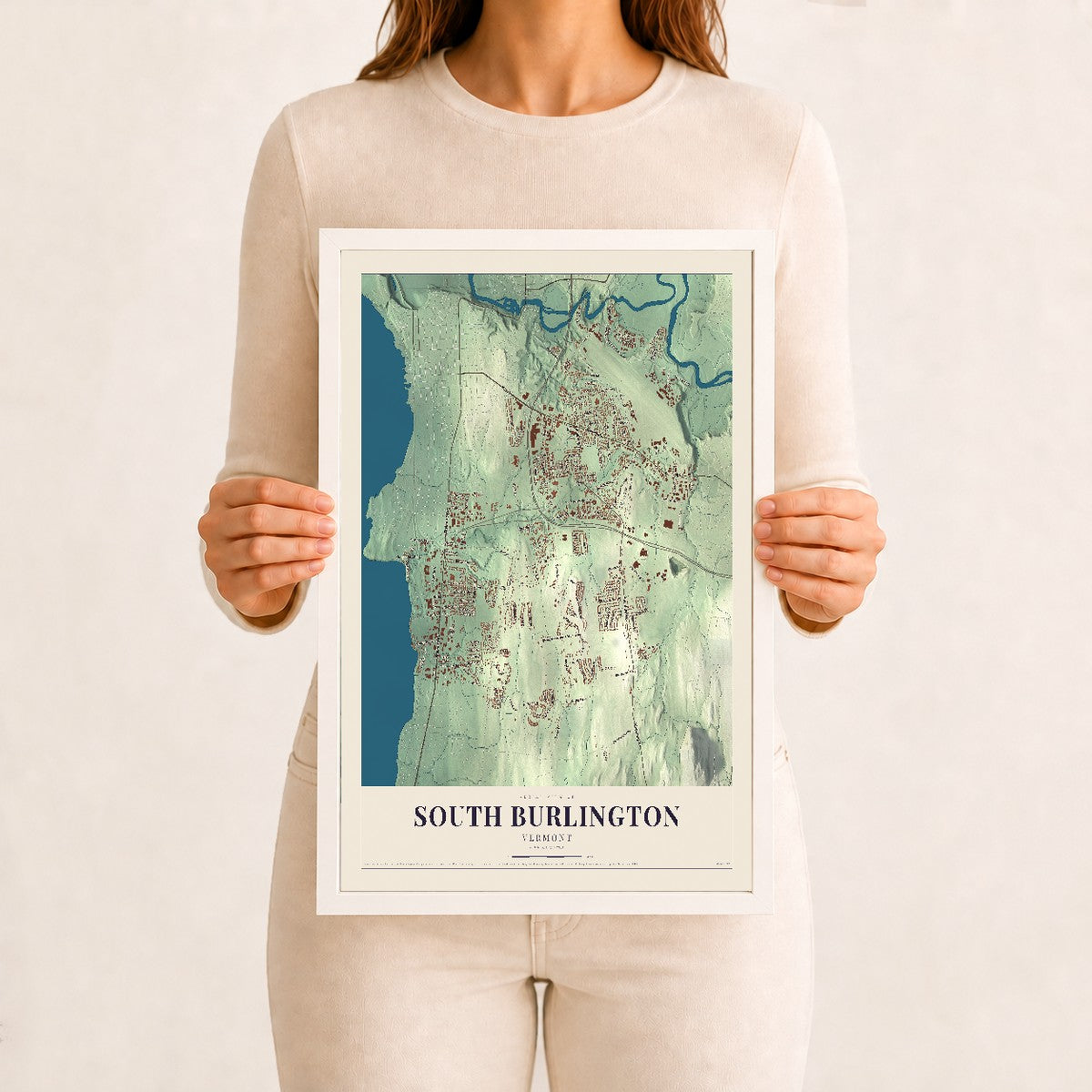 South Burlington, Vermont map print - 12 x 18 white Ayous wood frame
