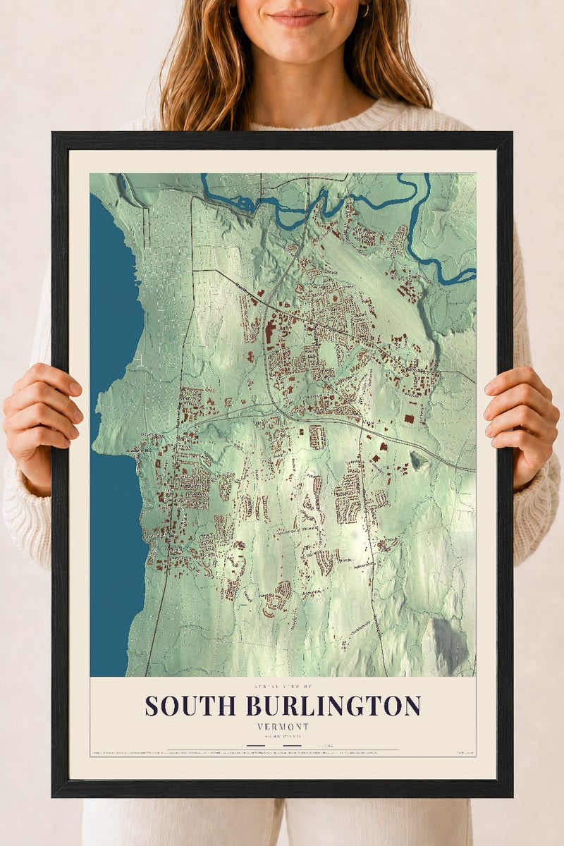 South Burlington, Vermont map print - 18 x 24 black Ayous wood frame